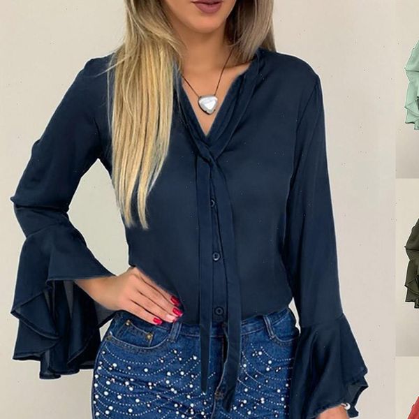 

womens fashion autumn winter button solid color trump sleeves tie wholesale shirt women z4, White