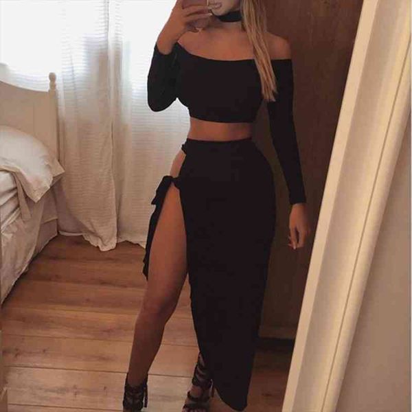 

two piece set dress women off shoulder crop choker slit long skirt suit long sleeve shirt asymmetric party club, Gray