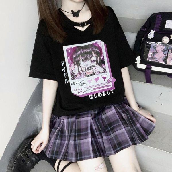 

women's t-shirt qweek anime 2021 egirl japanese streetwear style harajuku kawaii cute balck summer tee shirt short sleeve, White