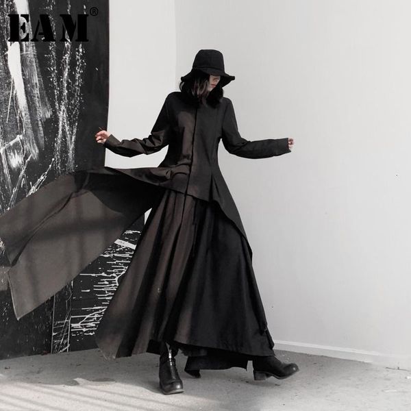 

women's blouses & shirts [eam] women black asymmetrical ribbon blouse lapel long sleeve loose fit shirt fashion tide spring autumn 2021, White