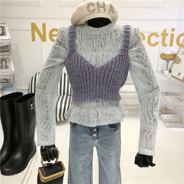 

two female spring v-knit cleavage slingswool vest+ short bow length ddjm, White