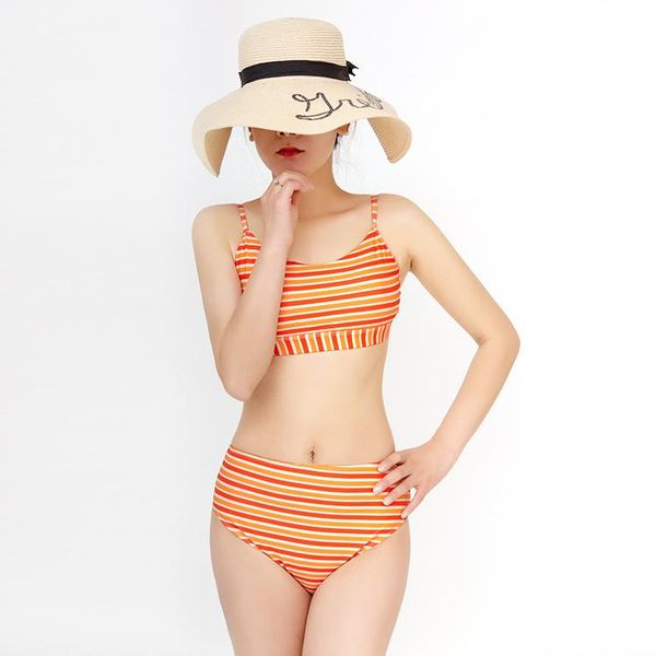 

women's yellow striped tankini comfortable bikini beach swimming wear girl small fresh with chest pad without steel support