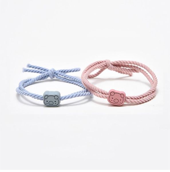 

charm bracelets eben-ezer 2pcs\set cute pig head couple bracelet hand men and women gift friendship charms elastic rope jewelry, Golden;silver