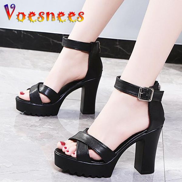 

sandals 2021 summer lady thick heel fashion simple design cross strap women shoes platform open toe super high, Black