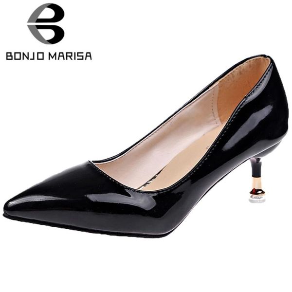 

dress shoes bonjomarisa thin heel ladies pumps pointed toe consise pu strange style slip on women spring woman, Black