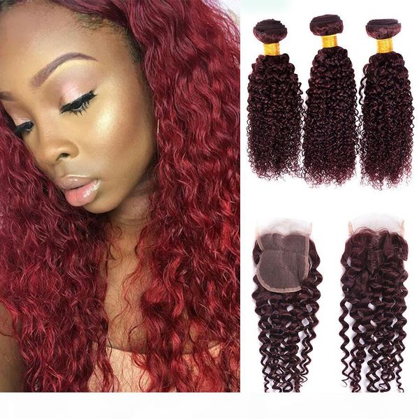 

curly wave virgin hair with closure 99j human hair 3 bundles with 4x4 lace closure burgundy kinky curly peruvian human virgin hair closure, Black;brown