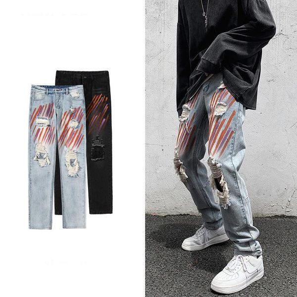 

men's jeans erenejian fashion hi street destroyed pants vintage painted ripped denim trousers washed blue retro plus size -5xl