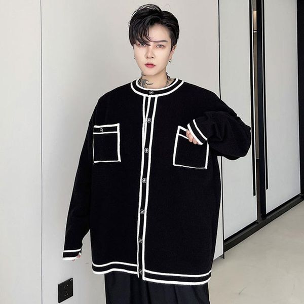 

men's sweaters round collar cardigan sweater 2021 autumn winter fashion color block patchwork single breasted thin sweatercoat, White;black