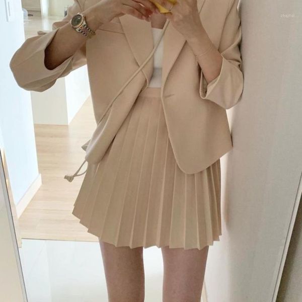 

women skirt suits set 2021 spring 2 piece jacket work suit mini pleated skirts korean fashion ladies blazer two dress, White