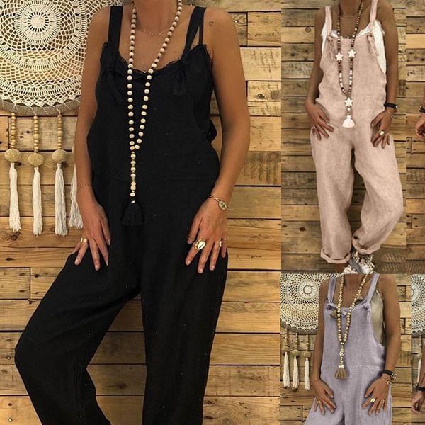 

women summer strappy jumpsuits casual loose dungarees harem overalls rompers solid one piece jumpsuits cotton linen long pants, Black;white