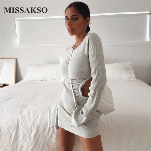 

missakso hollow out knitted dress bodycon club long sleeve o neck party slim fashion autumn women gray mini dress 210625, Black;gray