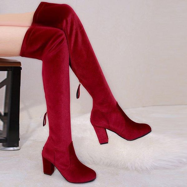 

boots over knee korean fashion elastic thin leg high heel thick waterproof platform knight in, Black
