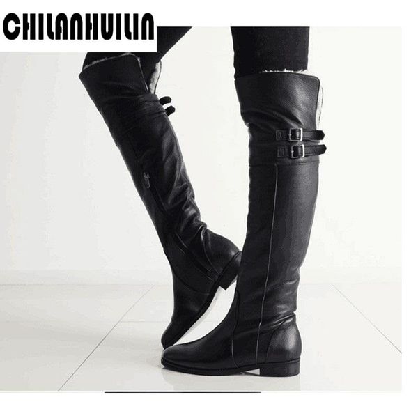 

boots plus size women winter shoes knee high buckle zip retro women's keep warm plush riding thick fur snow, Black