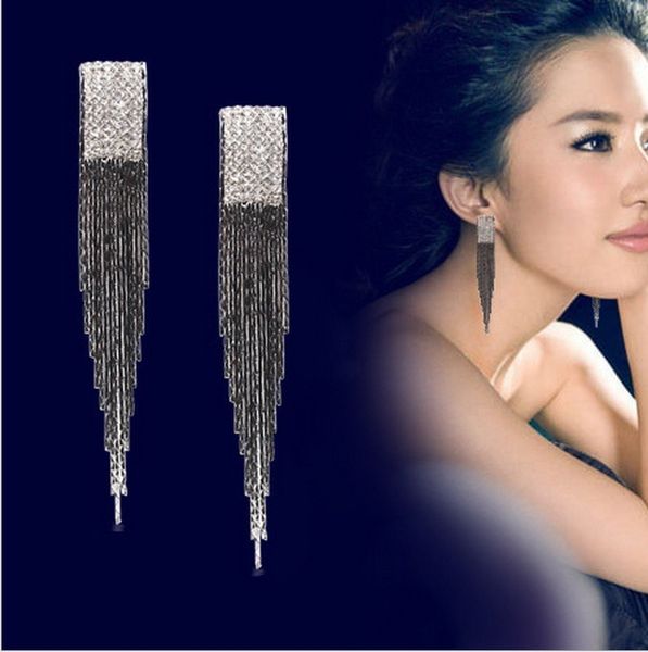 

new women's ear jewelry beautiful tassel long diamond earrings entity, Silver