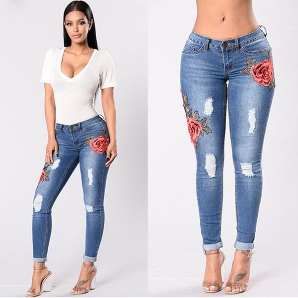 Jeans Feminino Magro Mulher Bordado Flor Buraco Rasgado Slim Calça Jeans Feminino Elástico Cintura Alta Lápis Calças Altas Jeggings