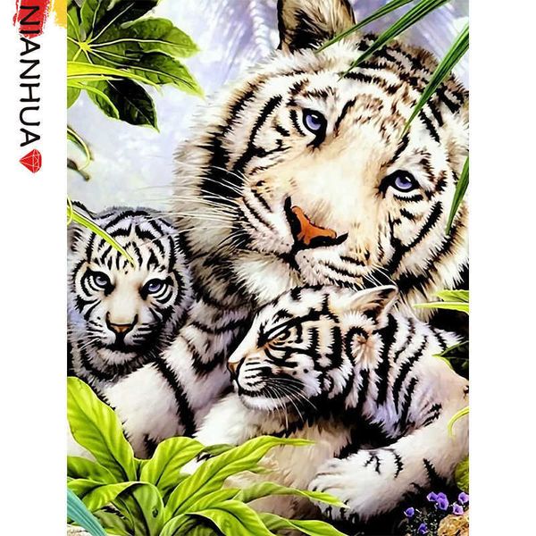 Diamante pintura branco tigre família rei da floresta animal mural arte quadrado círculo po bordado 5d diy conjunto de presente