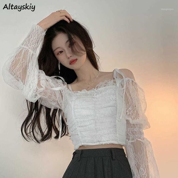 

women's blouses & shirts blouse women lace slash collar spring puff sleeve lace-up pleated sweet fashion all-match elegant streetwear k, White