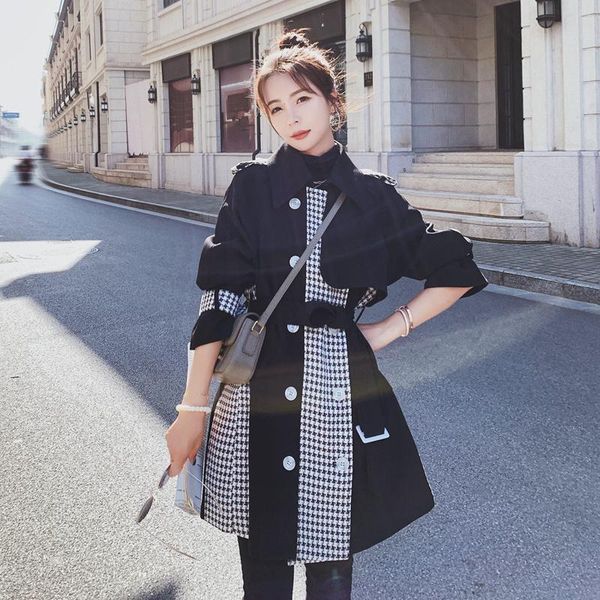 

women's trench coats autumn korean houndstooth patchwork color contrast women double breasted long sleeve casual windbreaker coat plus, Tan;black