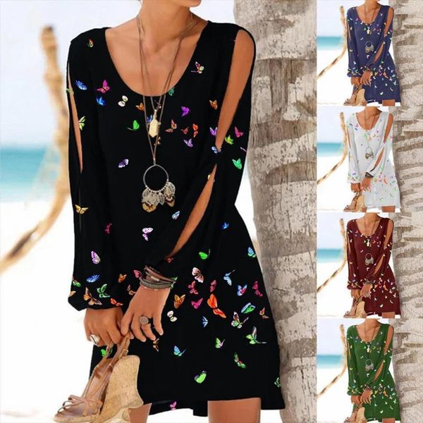 

sales butterfly print o neck womens dress hollow out long sleeve loose mini for beach, Black;gray