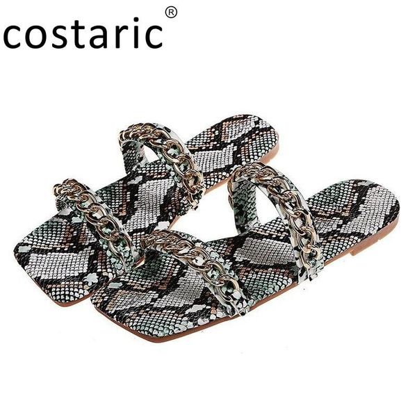 

slippers size 36-43 square toe chain women outdoor elegant ladies shoes metal flat sandals summer snake pattern, Black