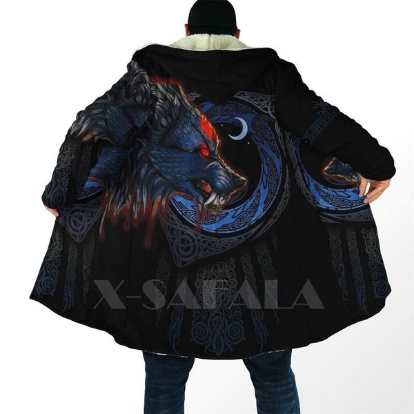 

men's wool & blends night wolf viking tattoo print thick warm hooded cloak for men overcoat coat windproof fleece cape robe blanket-8, Black