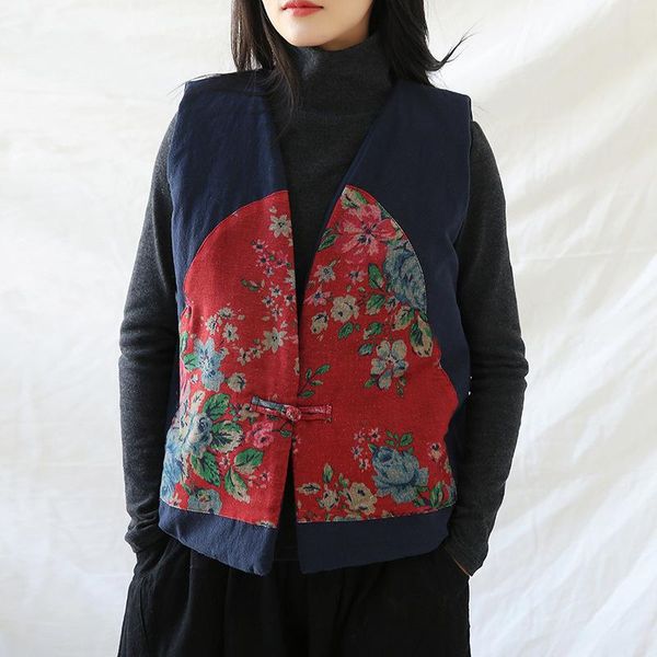 

johnature women vintage linen vests coats chinese style sleeveless v-neck patchwork color print floral 2021 autumn female vests, Black;white