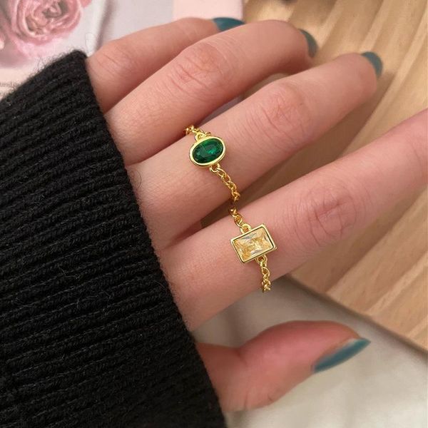 

wedding rings minimalist exquisite light luxury ~ french emerald slender artificial zircon chain ring female versatile, Slivery;golden