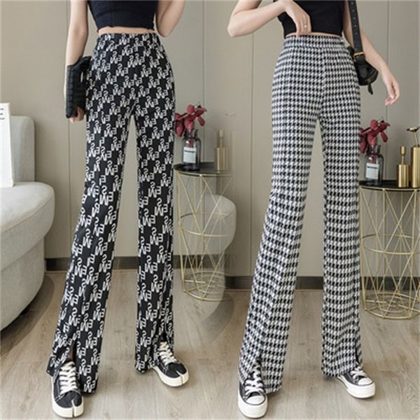 

real sburned slit women's spring new letter fashion impression high waist casual pants loose leg rubbing t4zw, Black;white