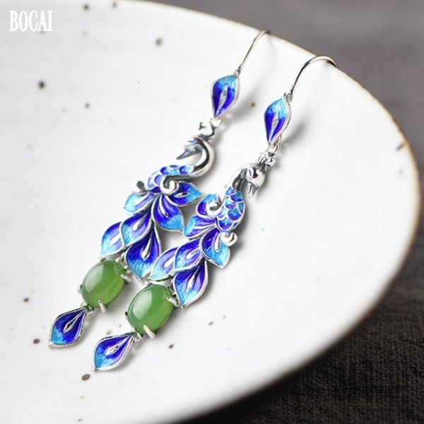 

2021 new real pure s925 sier jewelry retro cloisonne peacock fashion jasper woman earrings 5pna, Silver