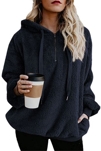 

2021 winter cross-border european and american long-sleeved zipper hooded pure color women's cashmere sweater jacket, Black