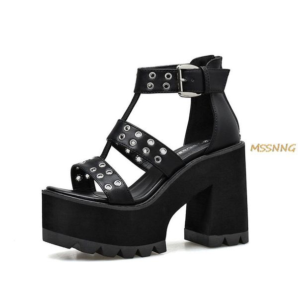 

2021 new pu leather buckle thick bottom platform shoes women roman style chunky heels sandals female sandals punk rock, Black