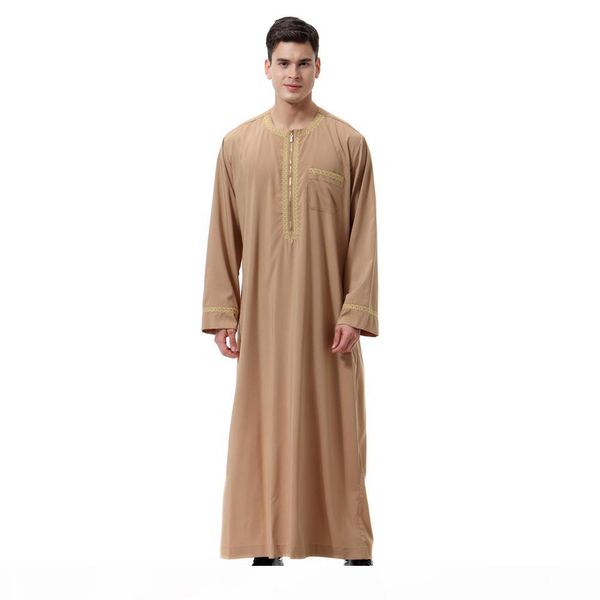 

new men thobe solid color round neck long sleeves zipper arab muslim wear yaa99, Red