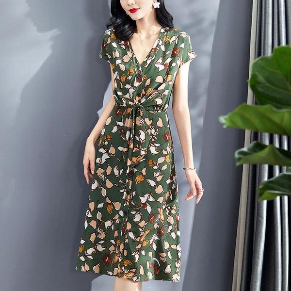 

party dresses 100% pure real silk women summer elegant v-neck short sleeve single breasted lady a-line printed mid-calf dress green, White;black