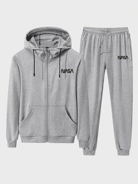 

men letter graphic zip up hoodie & sweatpants j4bm#, Gray