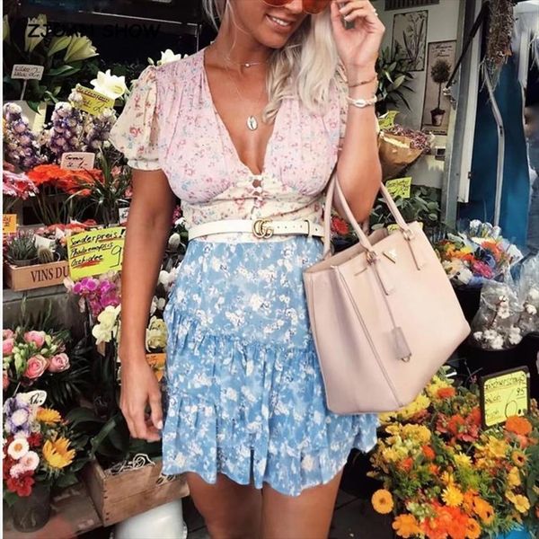 

retro short puff sleeve women dresses contrast color flower v neck ruched front hem patchwork ruffles holiday, Black;gray