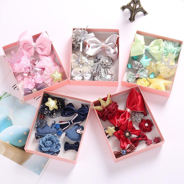 

korean 10 pcs/sets children kid baby hair accessories set hairpins headdresses girls side clips bow hair pin gift set box, Slivery;white