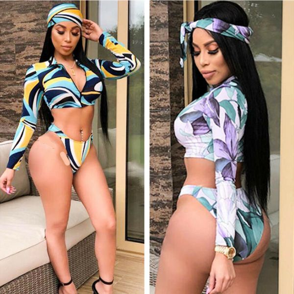 

3pcs women casual long sleeve slim crop high waist thong floral print bikini set swimwear swimsuit beach bathing suit, Black