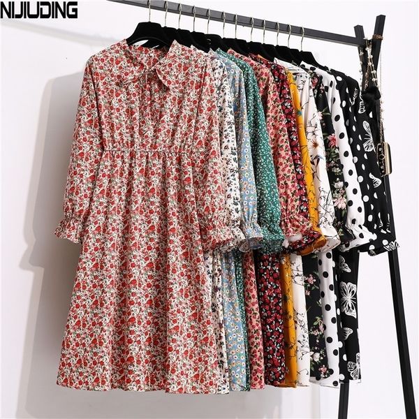 

nijiuding women's chiffon dress female vintage floral printed long sleeve bow midi dresses spring autumn flare sleeve vestidos 210309, Black;gray