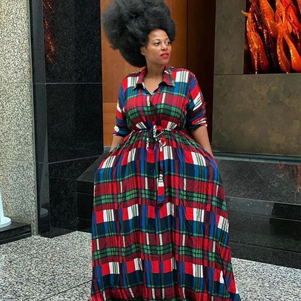 

winter clothes maxi long sleeve womens dresses high waist plaid plus size clothing wholesale dropshipping, Black;gray