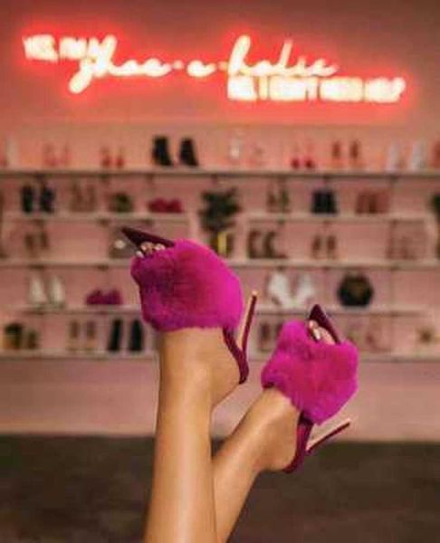 

sandals european station candy color luxury fur high heel slippers large women shoes 2021, Black