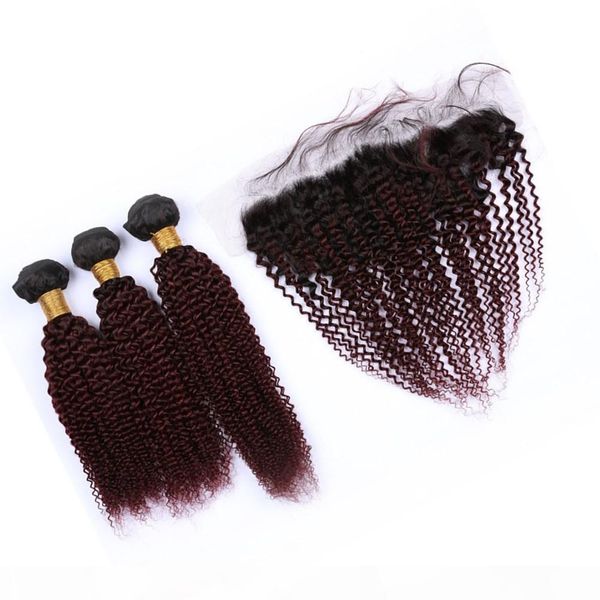 

#1b 99j wine red malaysian virign human hair 3bundles kinky curly with frontal burgundy ombre 13x4 lace frontal closure with weaves, Black;brown