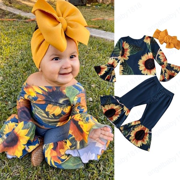 

kids clothing sets girls flowers outfits children flare sleeve sunflower +flared pants+headband 3pcs/set spring autumn fashion baby clothes, White
