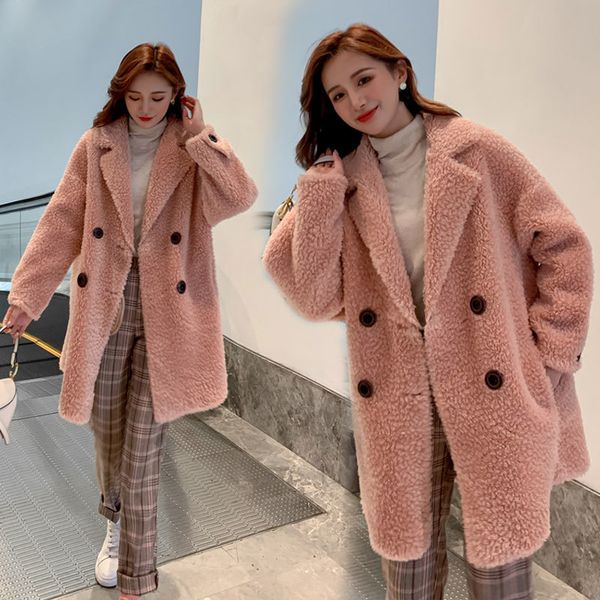 

2021 new women autumn winter real sheep shearling lamb coat female wool fur jacket vintage double-breasted casual outerwear l846ti1q, Black