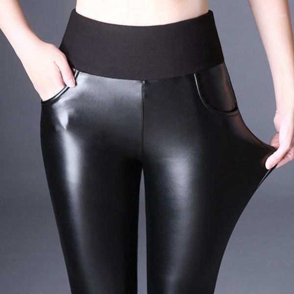 

women's pants & capris high waist pu leather pencil for women winter warm fleeces stretch skinny trousers black plus size mom thick leg, Black;white
