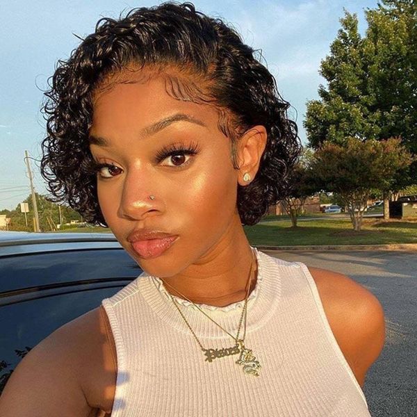 

lace wigs short pixie cut human hair wig kinky curly 13x1 transparent, Black;brown