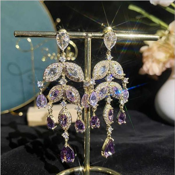

dangle & chandelier women purple gem elegant temperament earrings dress with leaf, Silver