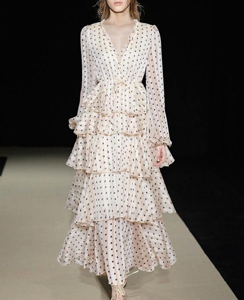 

casual dresses runway women's midi long dress chiffon luxury pleated dots printed lantern sleeves v-neck boho beach ruffles vestido, Black;gray