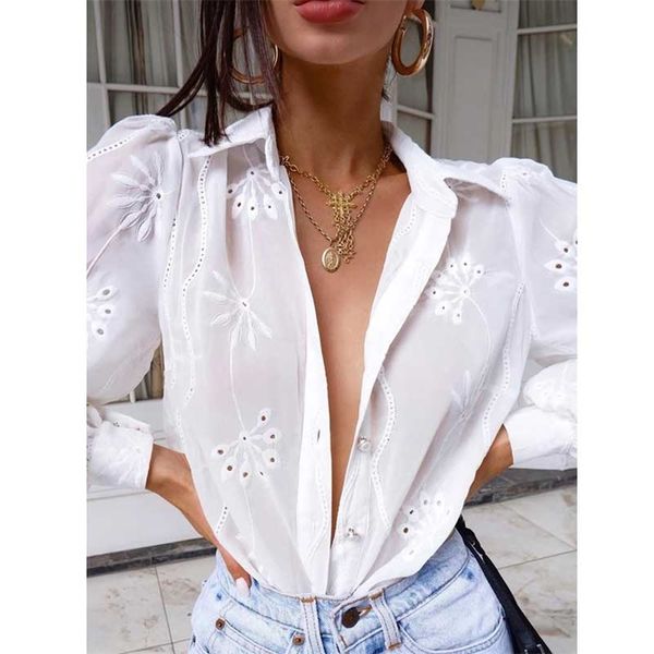 Boho inspirado blusa de algodão branco camisas de manga longa padrão perfurado mulheres tops primavera verão top casual praia cobertura até 210225