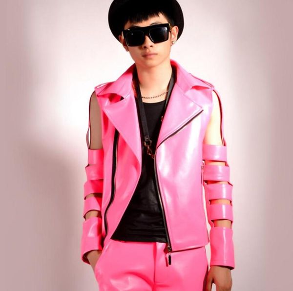 

men's jackets the europe and united states large size dj hip-hop rock men singer pink hollow sleeve locomotive pu leather jacket coat /, Black;brown