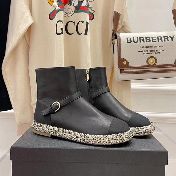 

boots weave design sole women buckle decor round toe ankle thick heels fashion designer woman shoe chic, Black